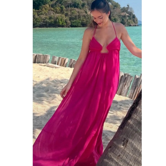 ZARA Bustier Neckline Chiffon Pink Flowy Goddess Maxi Dress Limited Edition XS - Picture 2 of 9